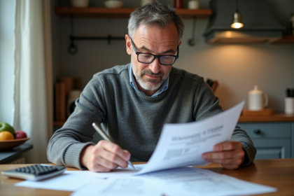 Homme d'âge moyen vérifiant ses documents fiscaux à la maison