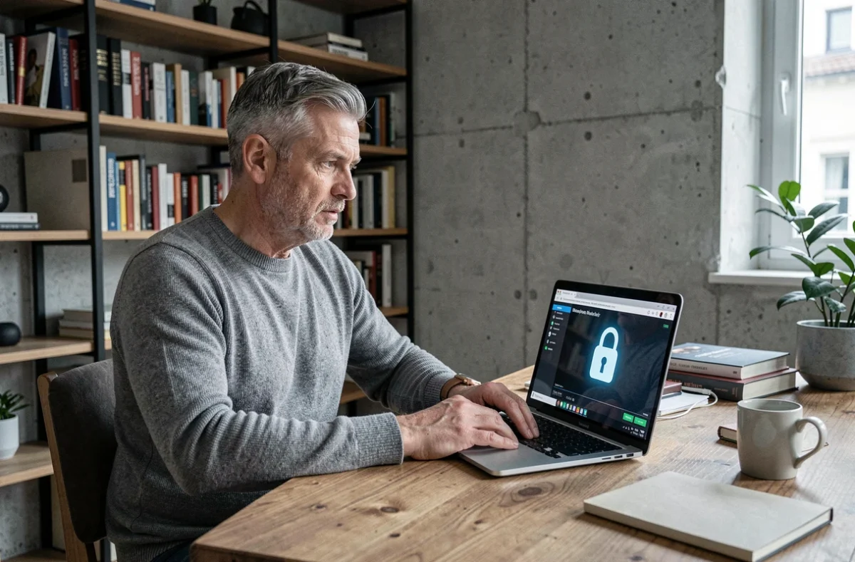 Homme consultant les paramètres de sécurité d'une application de paiement en ligne depuis son appartement