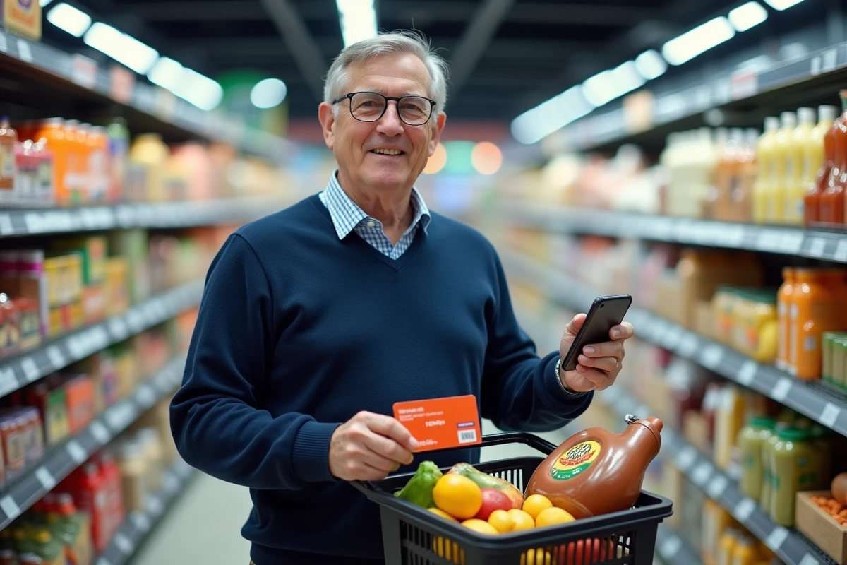 Homme avec carte de fidélité dans un supermarché
