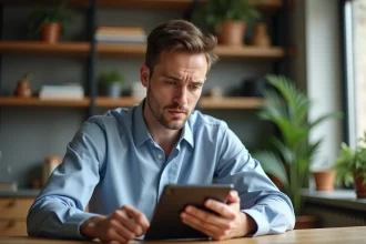 Homme concentré utilisant une tablette dans une cuisine moderne