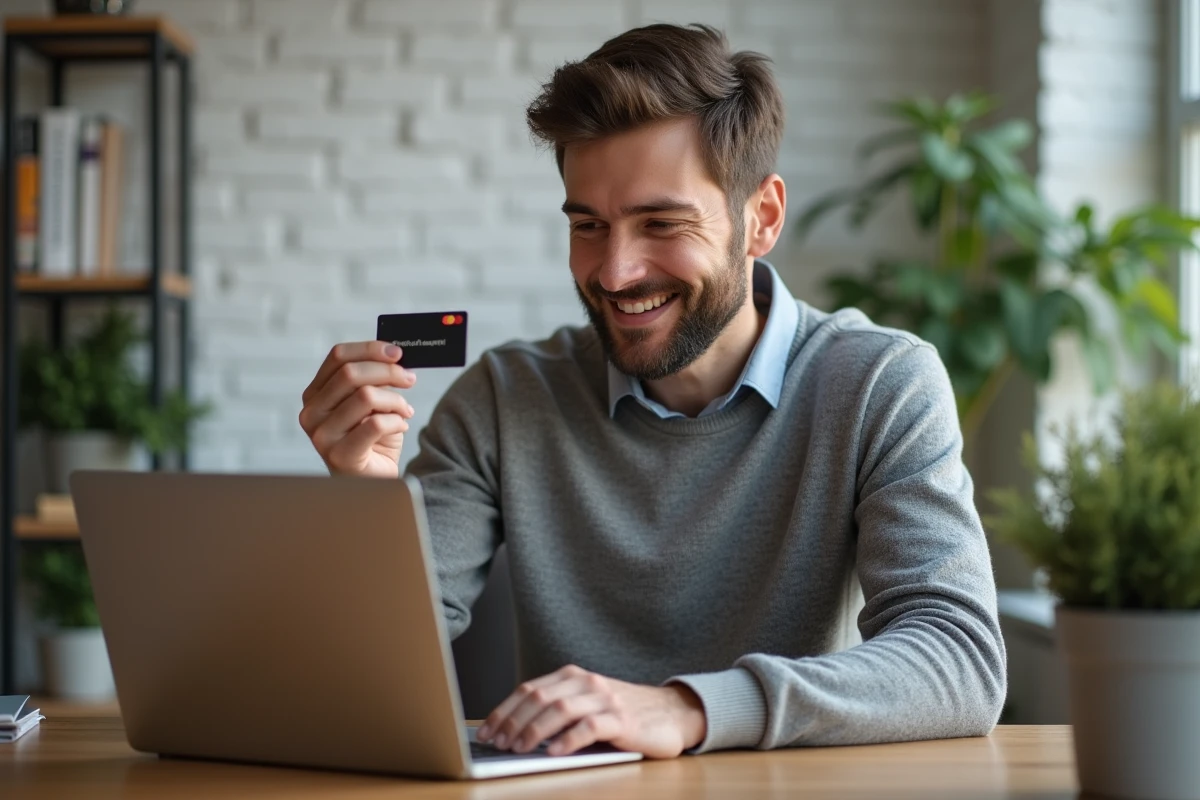 Un homme en télétravail consulte sa carte cadeau Kadéos Infini sur ordinateur, symbolisant la flexibilité et la personnalisation du cadeau d'entreprise