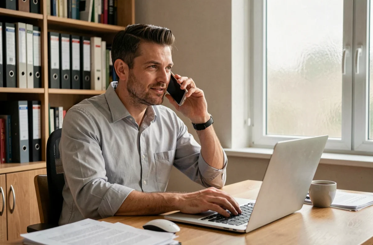 Homme en télétravail contactant le service client par téléphone pour suivre un dossier de bail