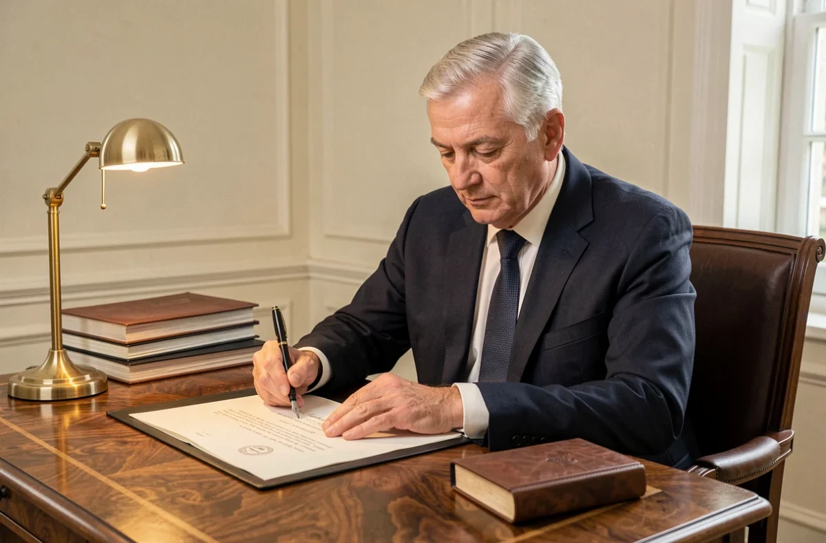 Notaire associé Hudrisier signant un acte officiel à la plume dans son cabinet en tant qu'associé unique