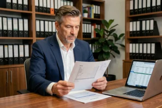 Investisseur privé analysant un rapport de SCPI dans un bureau professionnel moderne