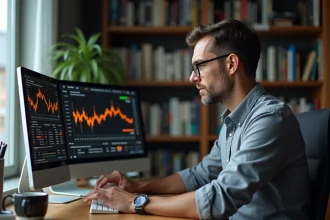 Investisseur analysant le forum Boursorama et les données boursières de l'action Orange ORA sur écran double