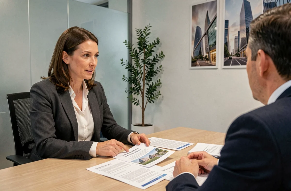 Une investisseuse discute du fonctionnement des SCPI avec un conseiller financier autour de documents dans une salle de réunion