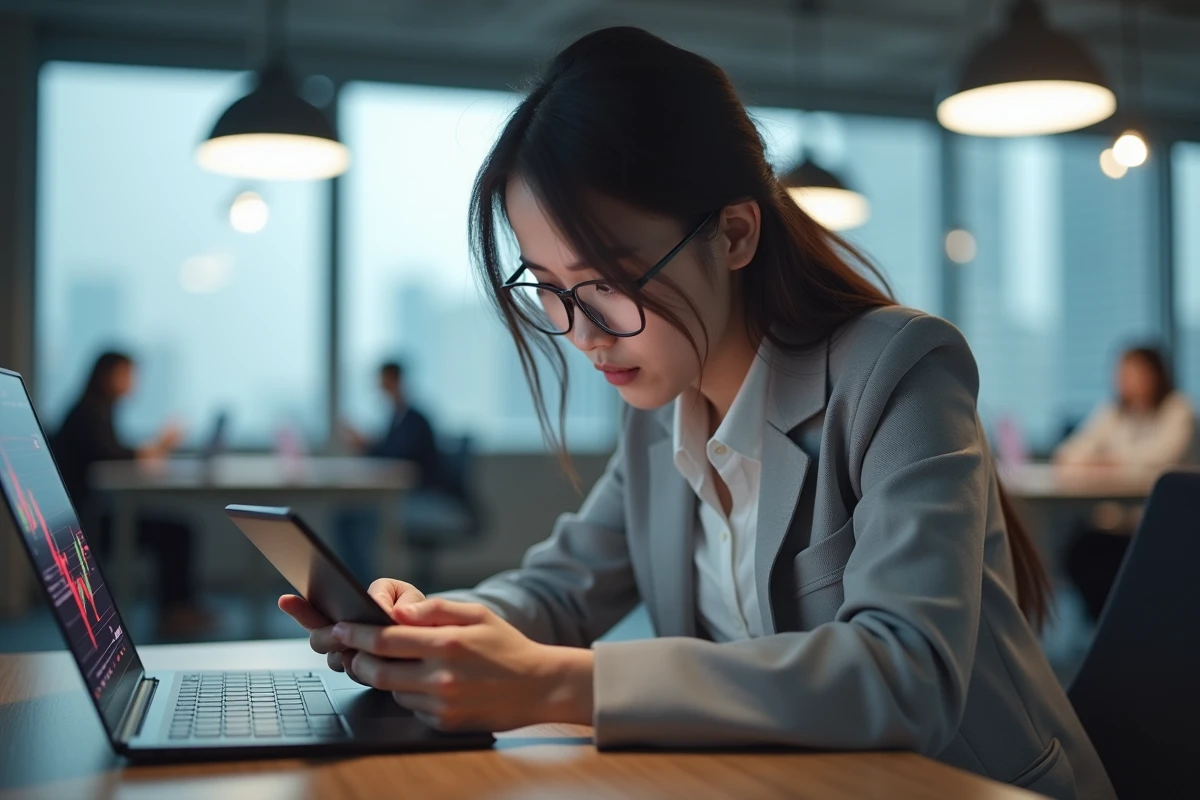 Jeune investisseuse surveillant les erreurs de trading lors de l'ouverture des marchés boursiers asiatiques sur tablette