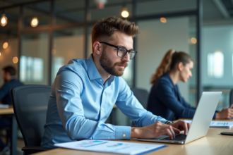 Jeune comptable en bureau analysant des graphiques