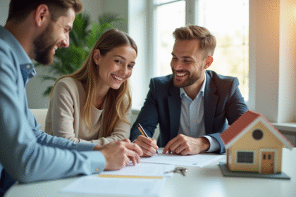 Jeune couple souriant signant un contrat immobilier dans un bureau lumineux