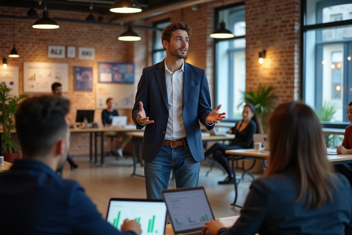 Jeune entrepreneur français présentant dans un espace de coworking dynamique