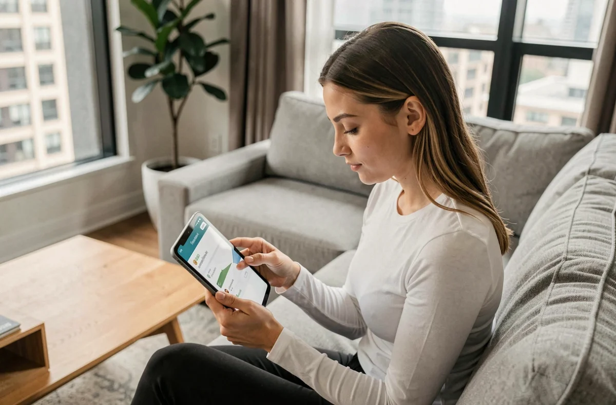 Jeune femme utilisant une application bancaire en ligne sur tablette comme alternative gratuite pour contacter la Banque Postale