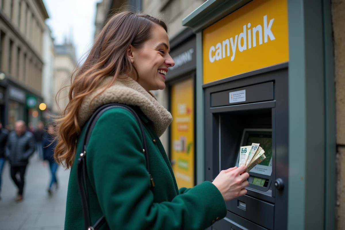 Jeune femme souriante avec des euros devant un kiosque à Dublin