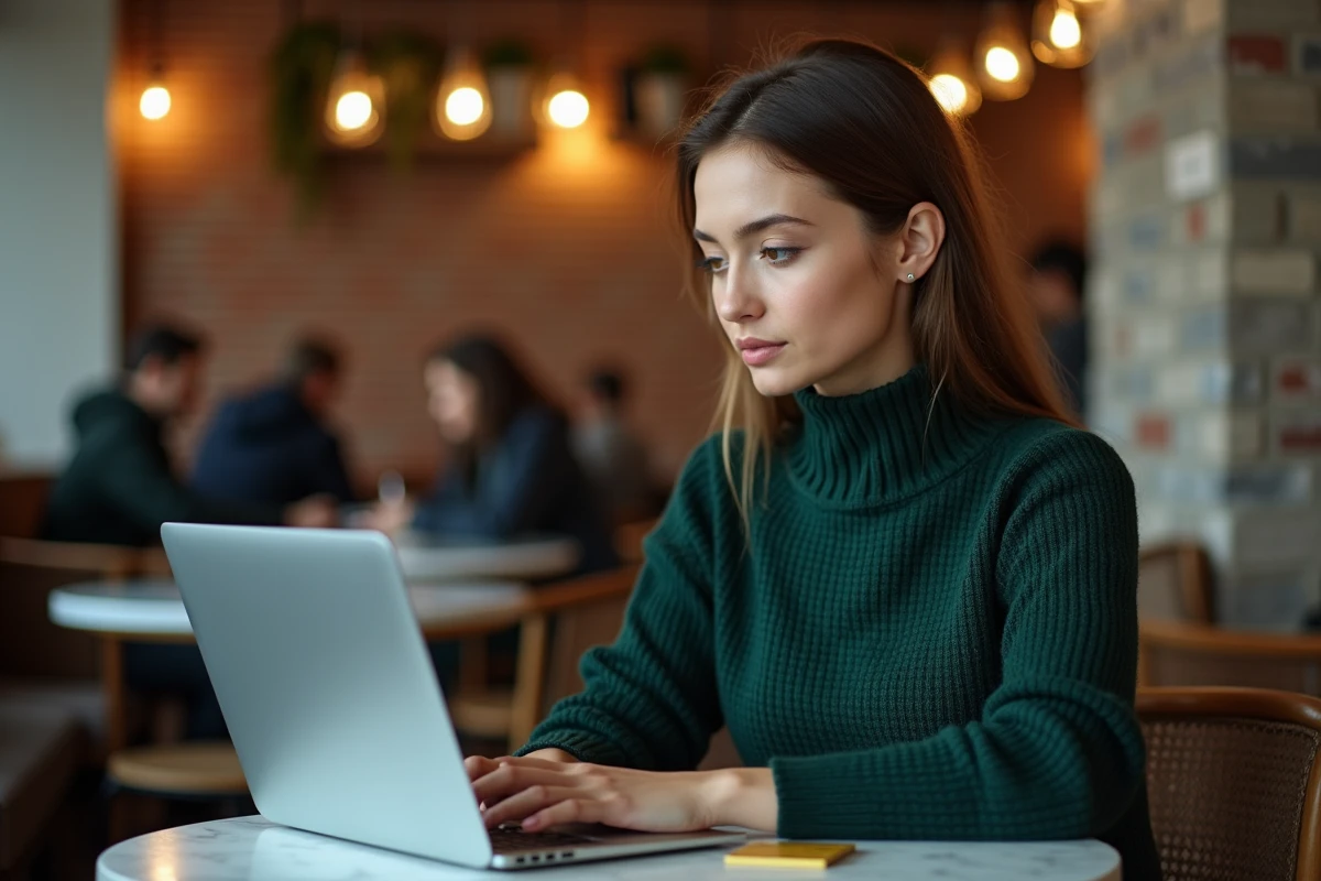 Jeune femme gérant son compte bancaire Crédit Agricole Vendée sur ordinateur portable dans un café avec carte bancaire visible