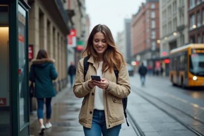 Jeune femme souriante vérifiant son smartphone à Dublin