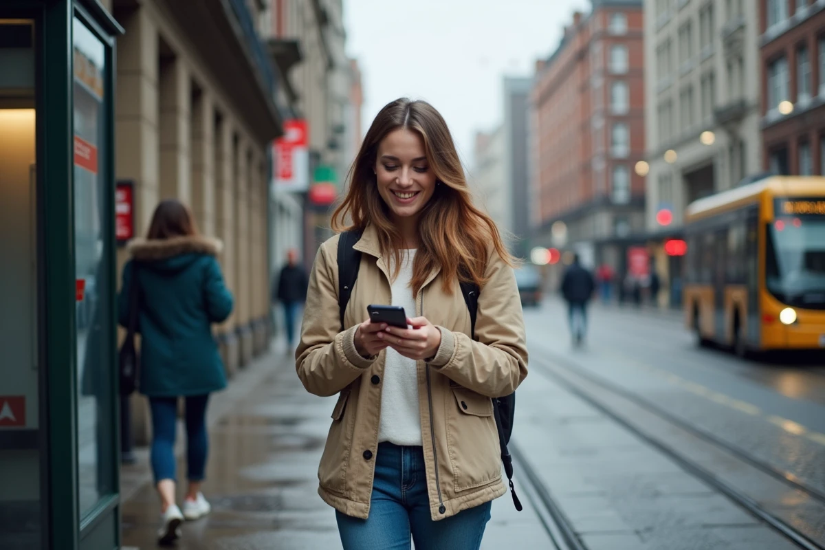 Jeune femme souriante vérifiant son smartphone à Dublin