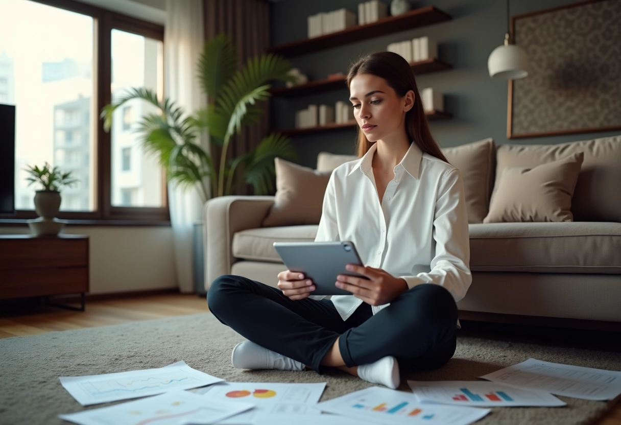 Jeune femme lisant des checklists de trading dans un appartement