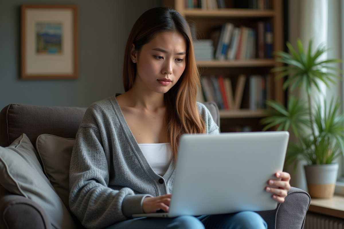 Jeune femme dans un intérieur cosy regarde son ordinateur portable