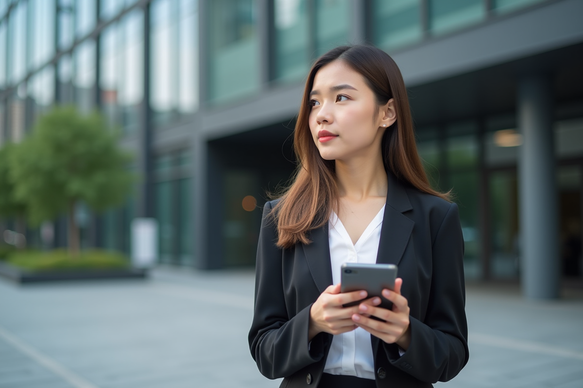 Jeune femme d affaires regardant au loin en ville