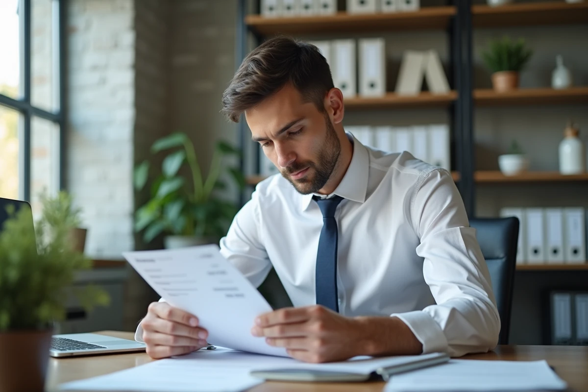 Jeune homme en bureau examinant une fiche de paie
