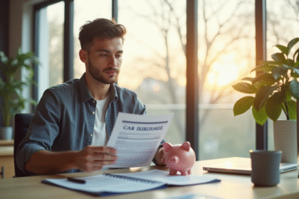 Jeune homme tenant contrat d'assurance auto et tirelire dans un intérieur moderne