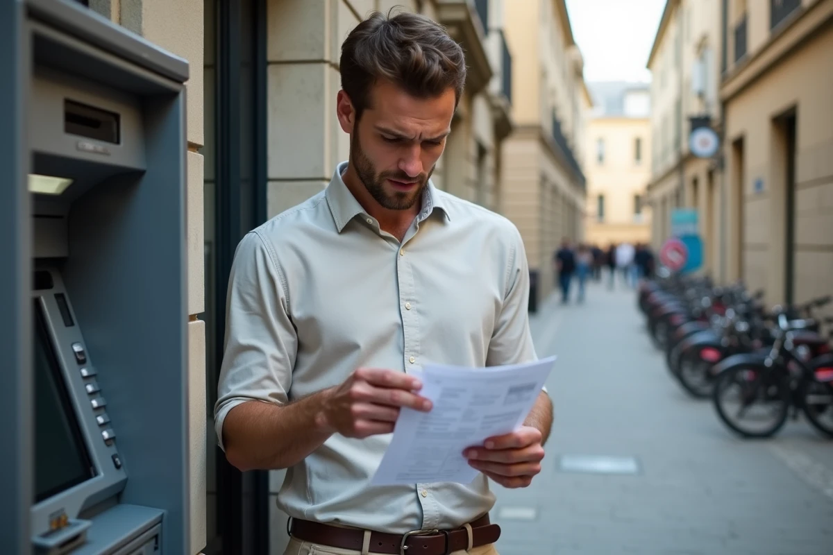 Jeune homme français devant un distributeur automatique