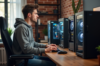 Jeune homme concentré sur son ordinateur gaming dans un bureau moderne