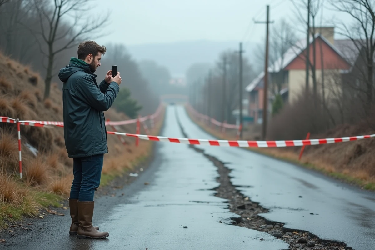 Jeune homme prenant photo des dégâts de tremblement