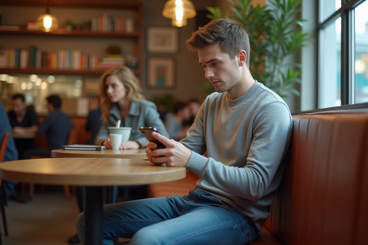 Jeune homme assis au café regardant son smartphone