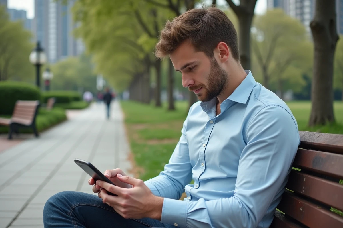 Jeune homme vérifiant son smartphone dans un parc urbain