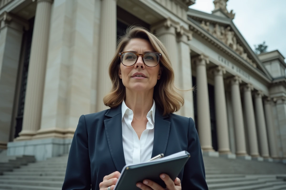Femme journaliste devant un bâtiment officiel en extérieur