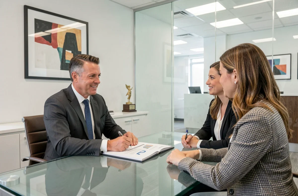 Conseiller de KG Patrimoine en Indre-et-Loire présentant une stratégie patrimoniale personnalisée à des clients dans un cabinet moderne