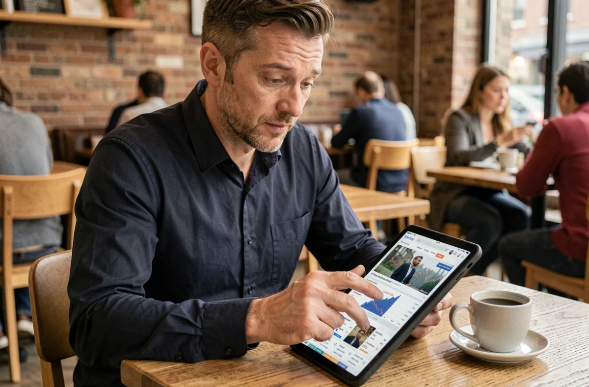 Homme consultant un portail d'actualités financières sur tablette dans un café, illustrant la lecture de sources d'information en ligne