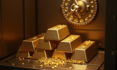 Lingots d'or empiles dans un coffre-fort moderne