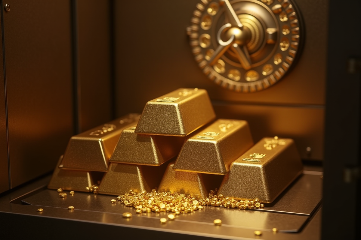 Lingots d'or empiles dans un coffre-fort moderne