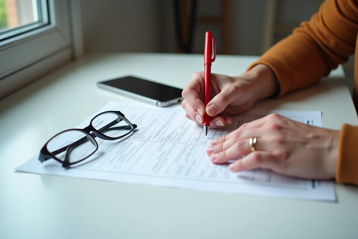 Mains remplissant un formulaire fiscal papier avec corrections stylo rouge pour déclaration tardive