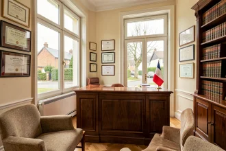 Vue grand angle d'un cabinet notarial en Essonne avec bureau en bois poli, bibliothèque juridique et diplômes encadrés