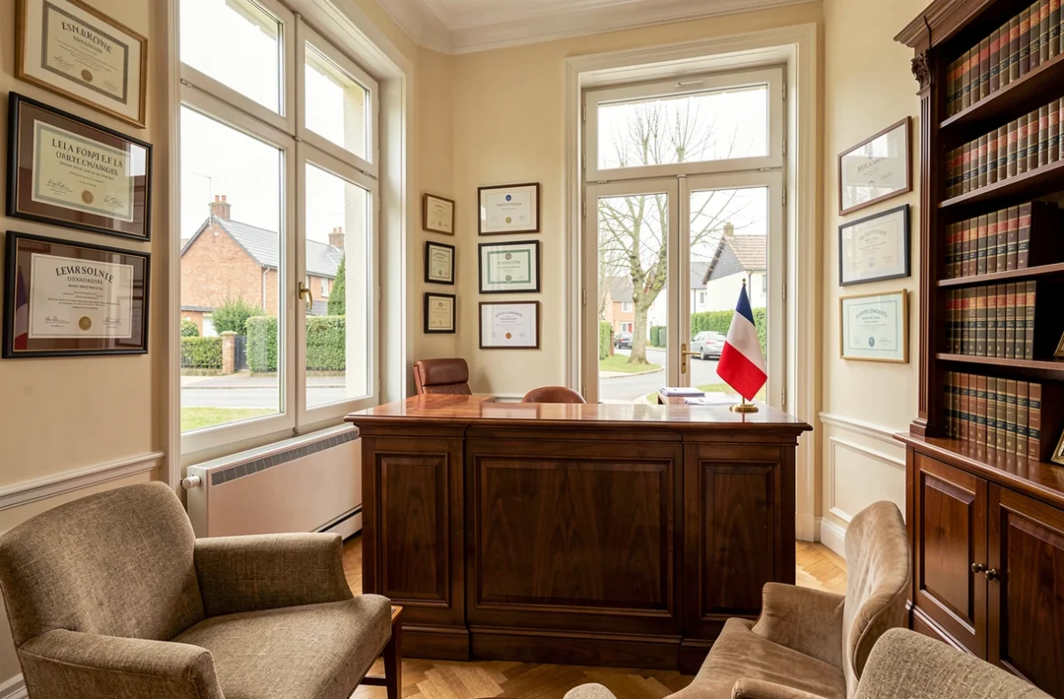 Vue grand angle d'un cabinet notarial en Essonne avec bureau en bois poli, bibliothèque juridique et diplômes encadrés