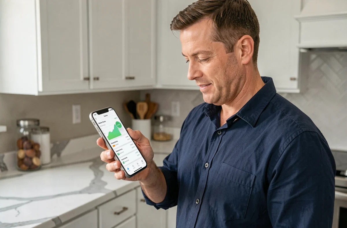 Homme consultant l'application Mon Cofidis Pro sur smartphone dans une cuisine moderne