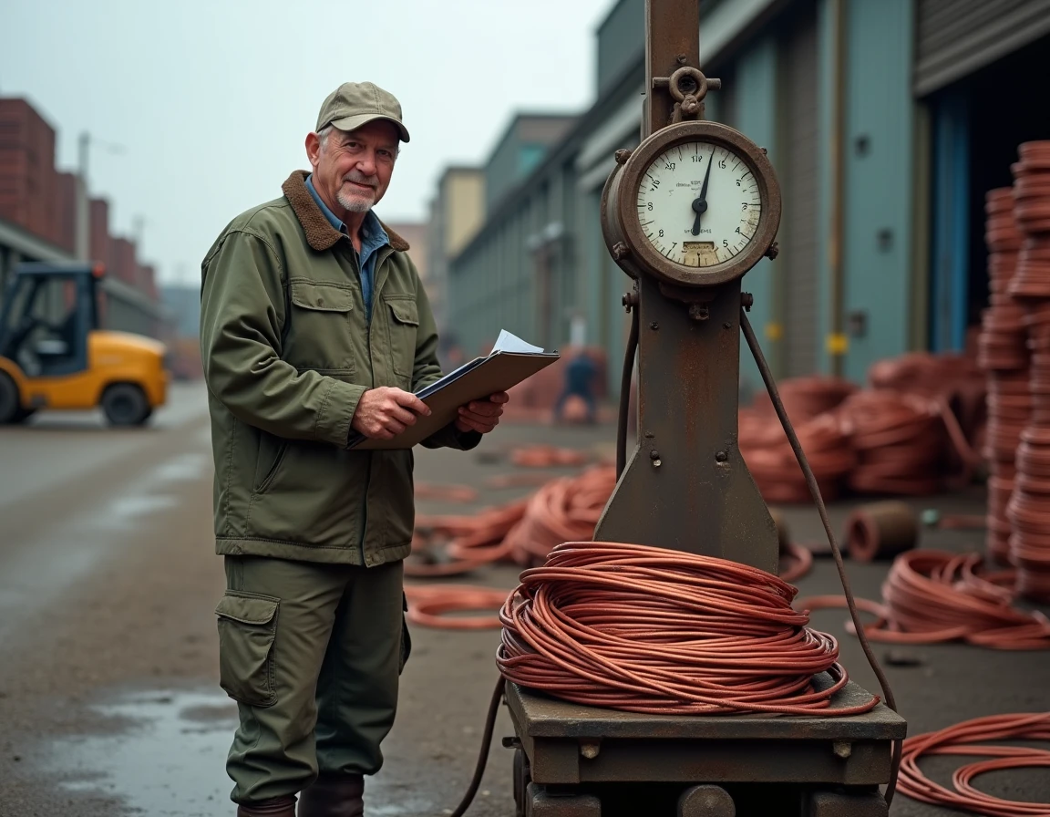Négociant en métaux pesant des câbles en cuivre rouge sur une balance industrielle dans une casse