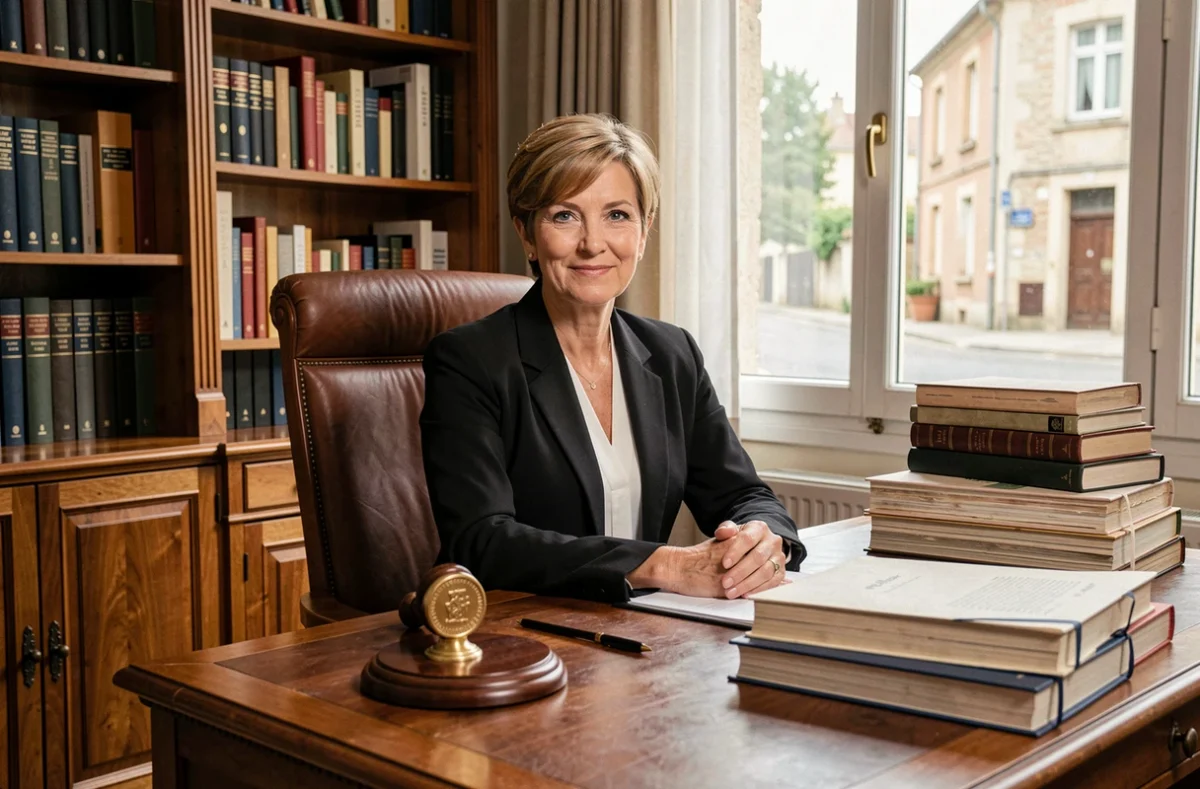 Notaire Nathalie Moreau à son bureau dans l'office notarial de Corbeil-Essonnes avec sceau officiel et dossiers juridiques