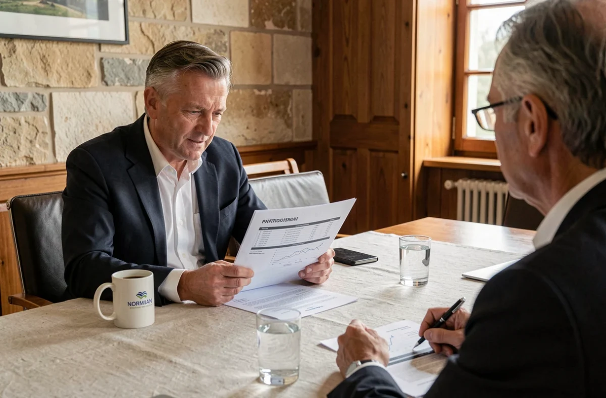 Consultant d'OSL Conseil en Normandie examinant un audit patrimonial avec un client autour d'une table de réunion en bois dans un cadre régional chaleureux