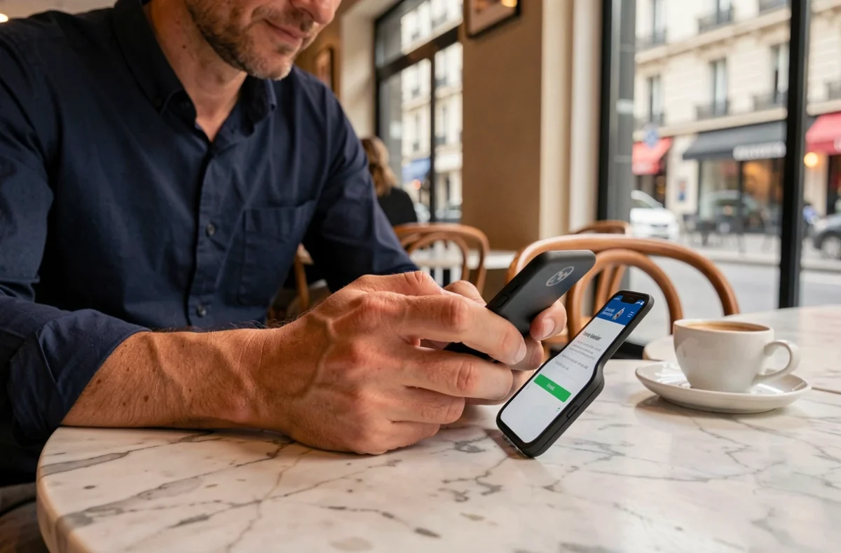 Homme utilisant un smartphone pour ouvrir un compte bancaire en ligne dans un café parisien