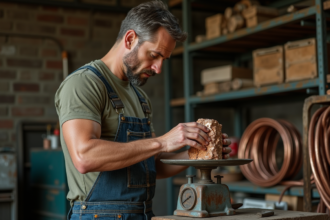Ouvrier en overalls mesurant un lingot de cuivre dans l'atelier