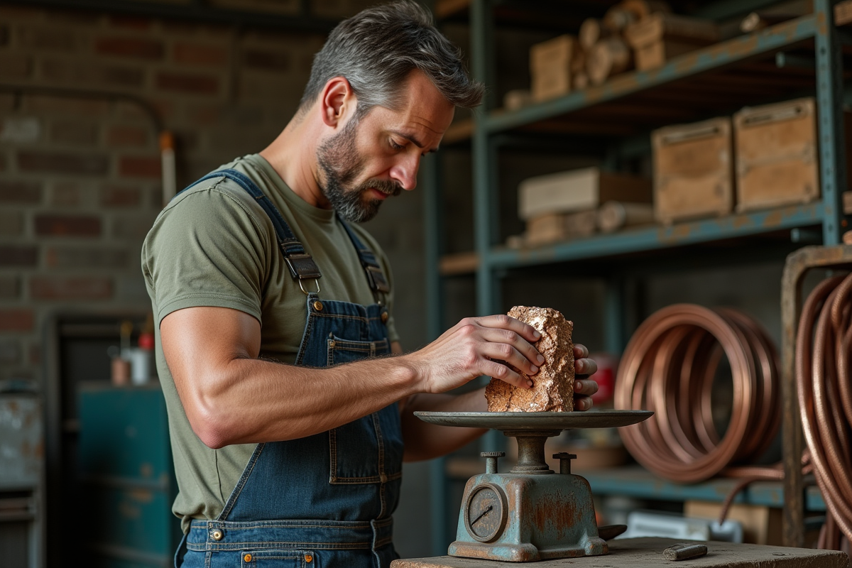 Ouvrier en overalls mesurant un lingot de cuivre dans l'atelier