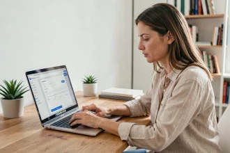 Femme ouvrant un compte bancaire en ligne sur un ordinateur portable dans un bureau à domicile moderne