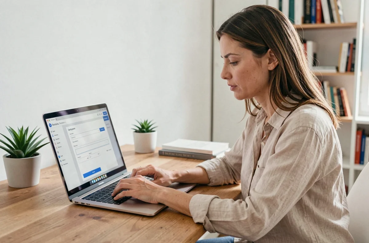 Femme ouvrant un compte bancaire en ligne sur un ordinateur portable dans un bureau à domicile moderne