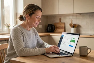 Femme utilisant un ordinateur portable pour paramétrer ses virements bancaires en ligne depuis son domicile