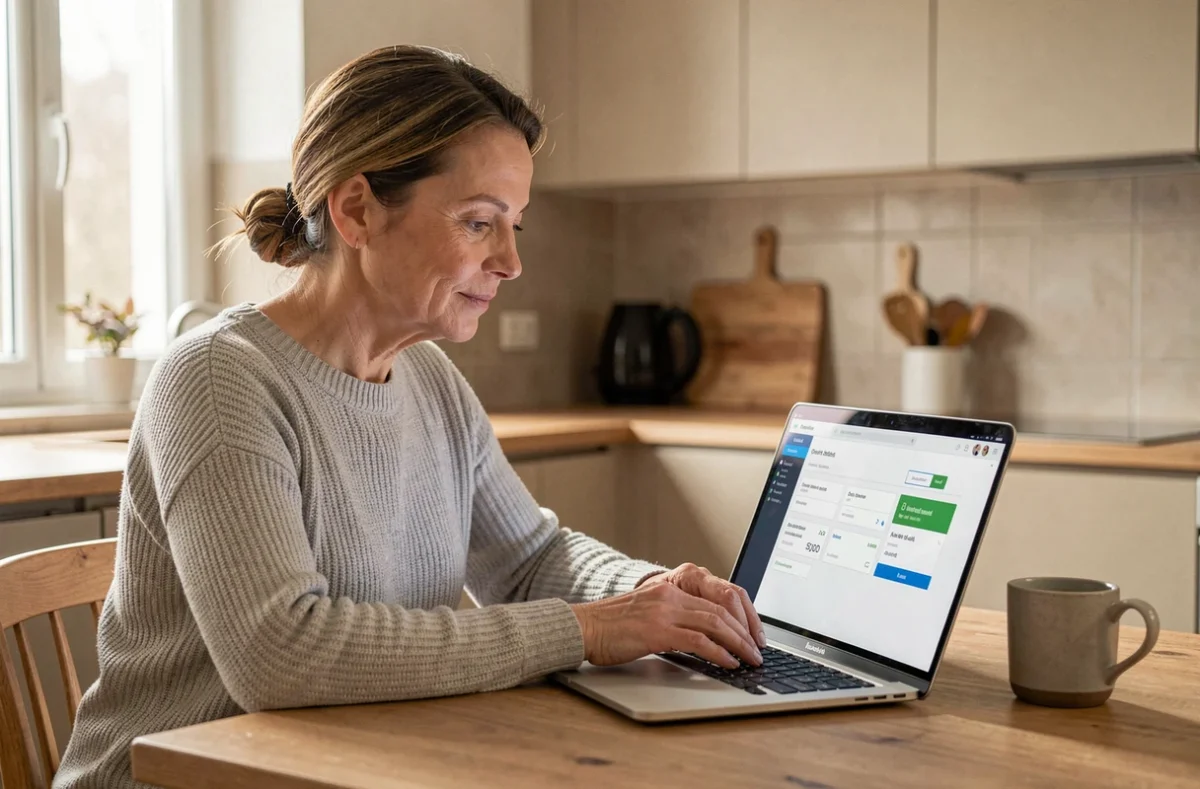 Femme utilisant un ordinateur portable pour paramétrer ses virements bancaires en ligne depuis son domicile