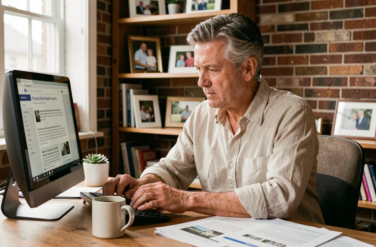 Particulier consultant des avis d'investisseurs sur une SCPI privée depuis son bureau à domicile