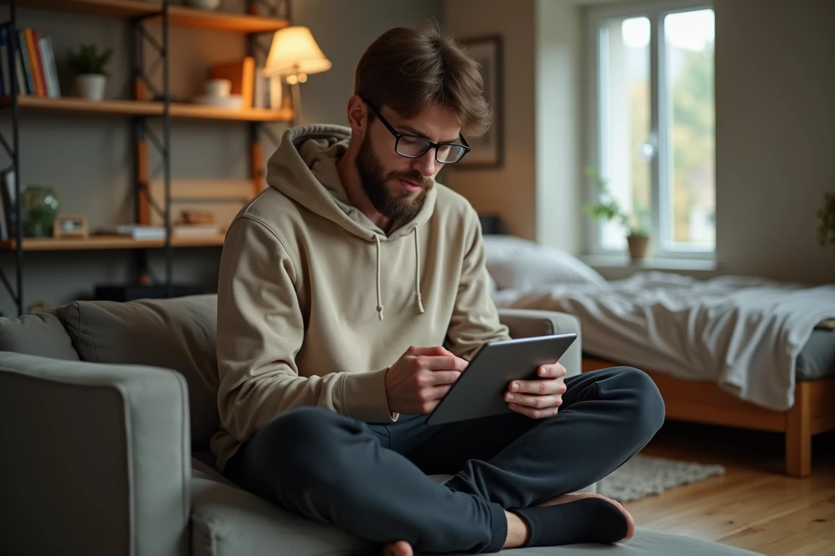 Personne seule dans un studio modeste utilisant une tablette pour déclarer ses revenus et optimiser son RSA en 2026